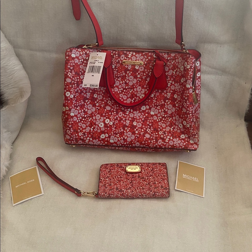 Michael Kors Red and White Floral Handbag and Wallet